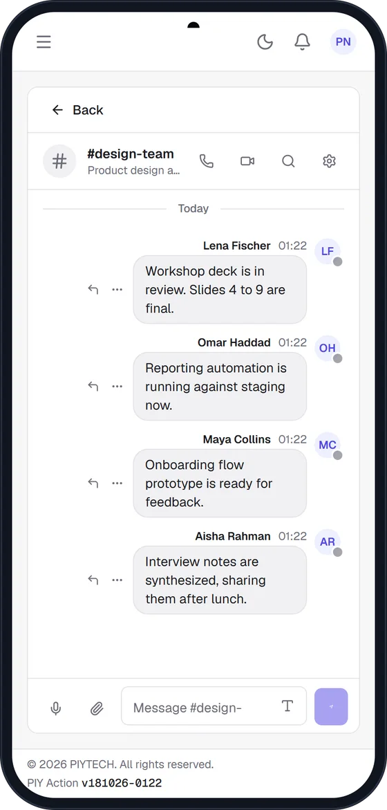 The #design-team channel in the PIY Action Android app with a conversation between colleagues.