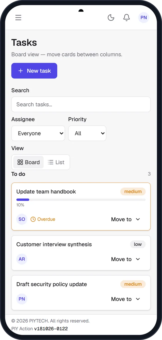 The task board in the PIY Action Android app with cards for each task.
